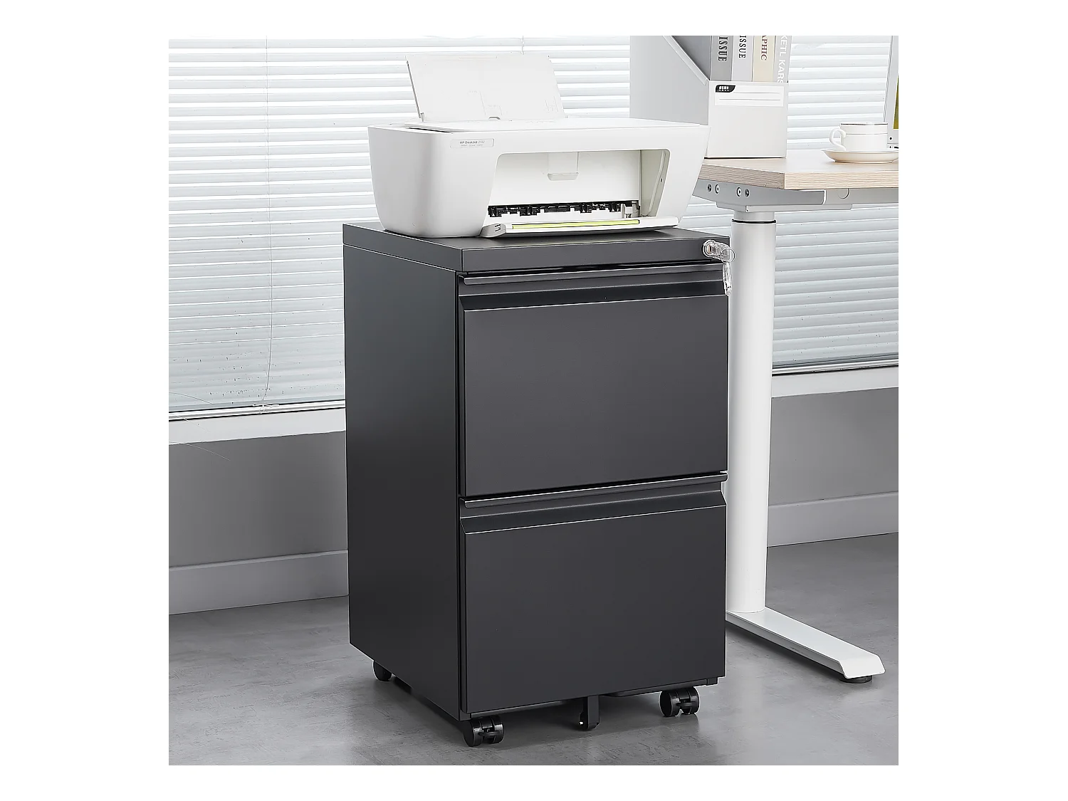 Aktenschrank aus Metall mit 2 Schubladen und Schloss, Untertisch-Aktenschrank aus Metall