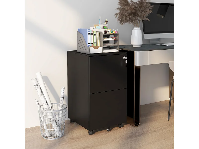 Mobile classificatore nero con 2 cassetti con serratura su ruote, acciaio