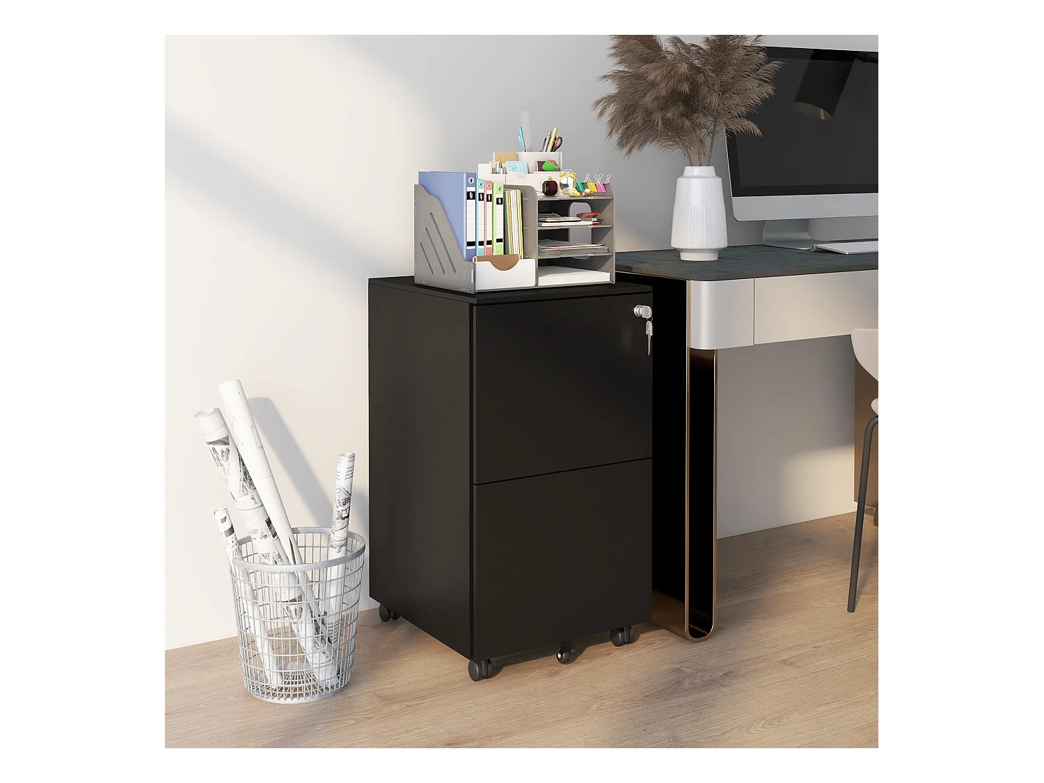 Schwarzer Rollschrank mit 2 abschließbaren Schubladen auf Rollen, Stahl