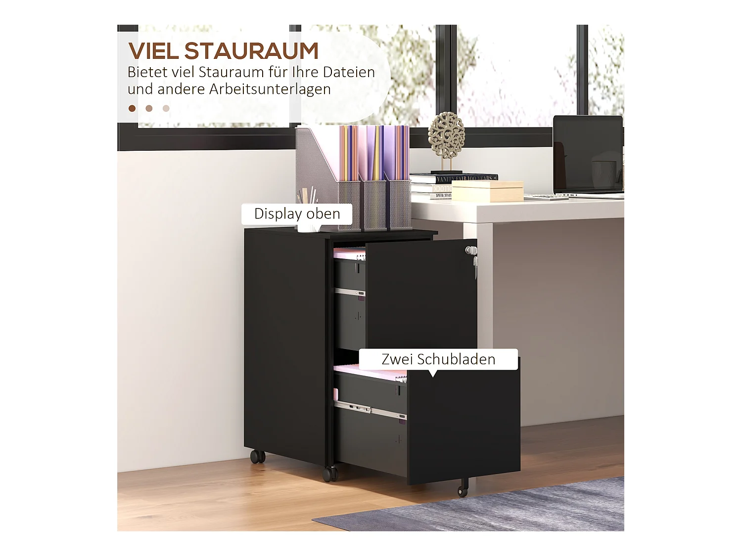 Schwarzer Rollschrank mit 2 abschließbaren Schubladen auf Rollen, Stahl