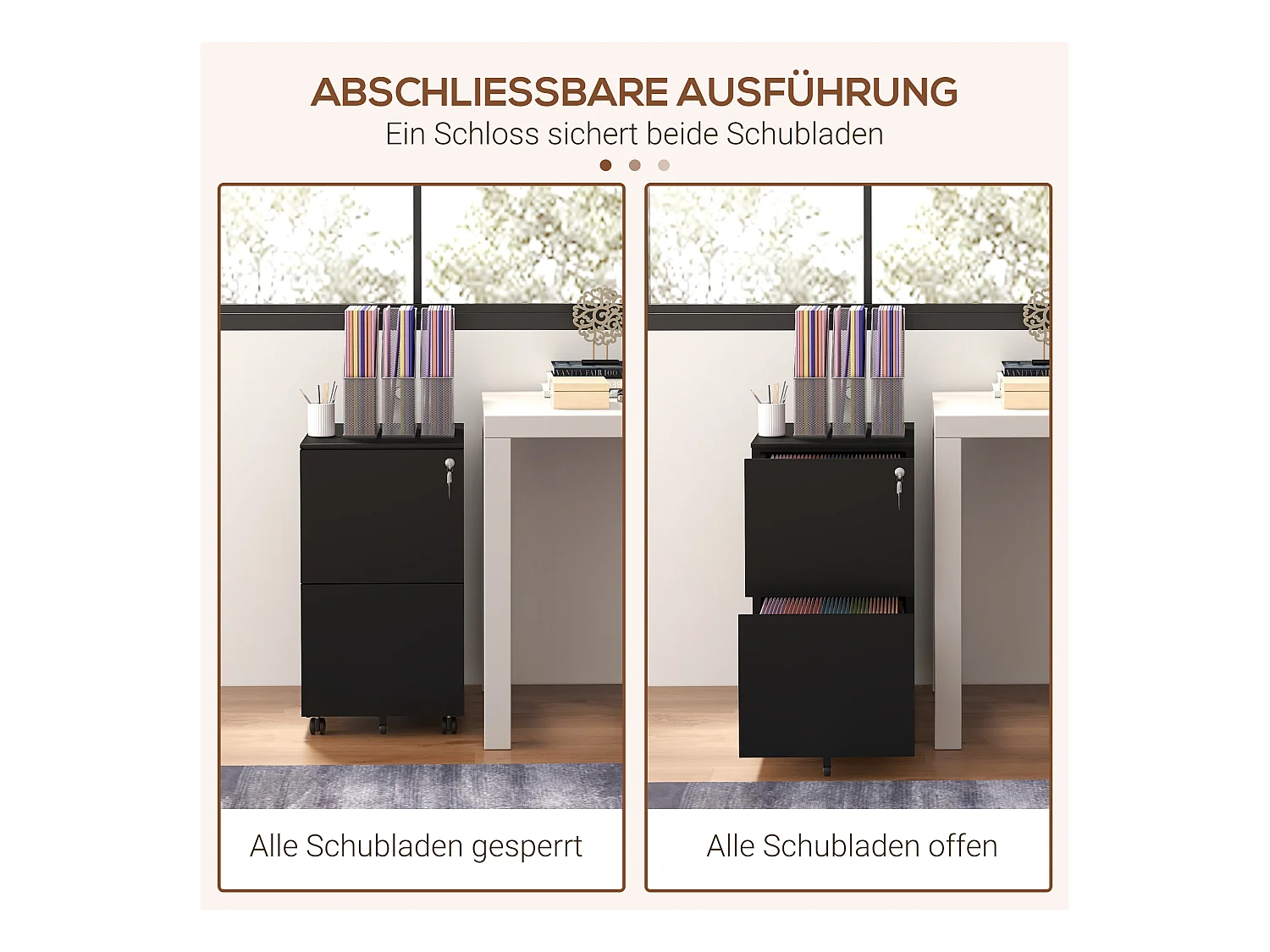 Schwarzer Rollschrank mit 2 abschließbaren Schubladen auf Rollen, Stahl