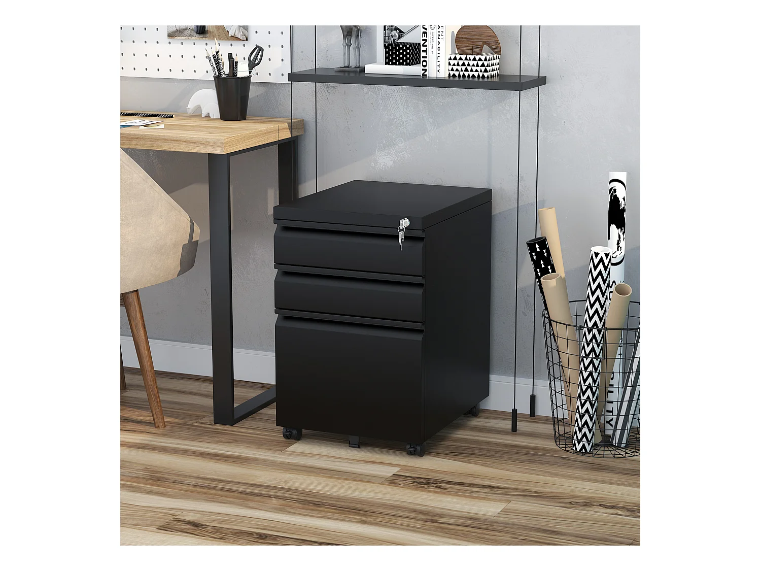 Porte-Bureau avec 3 Schubladen et Rädern, en Acier, Noir pour Bureau et Bureau à Domicile