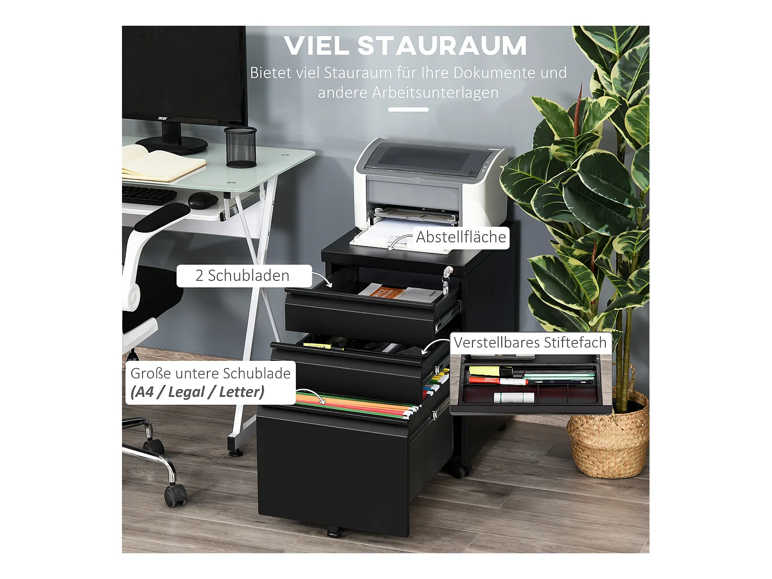 Porte-Bureau avec 3 Schubladen et Rädern, en Acier, Noir pour Bureau et Bureau à Domicile