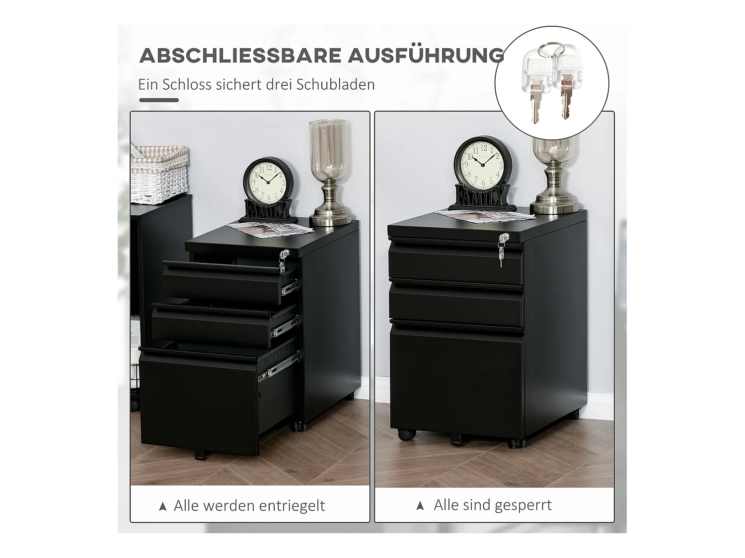 Porte-Bureau avec 3 Schubladen et Rädern, en Acier, Noir pour Bureau et Bureau à Domicile