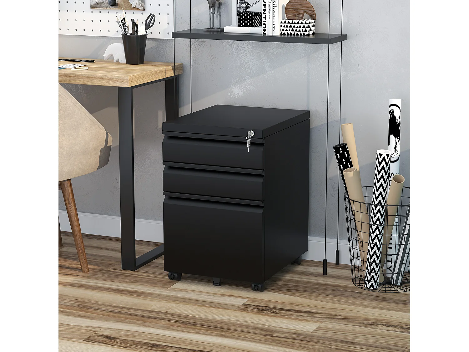 Porte-Bureau avec 3 Schubladen et Rädern, en Acier, Noir pour Bureau et Bureau à Domicile