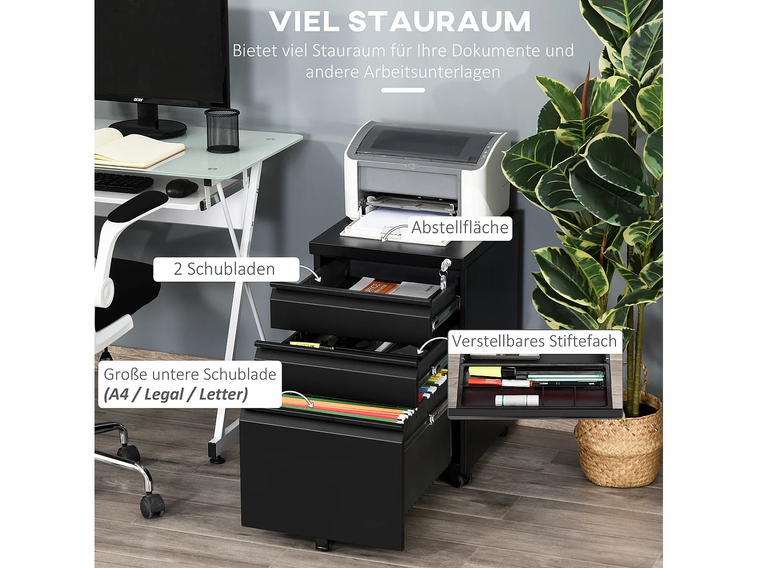 Porte-Bureau avec 3 Schubladen et Rädern, en Acier, Noir pour Bureau et Bureau à Domicile