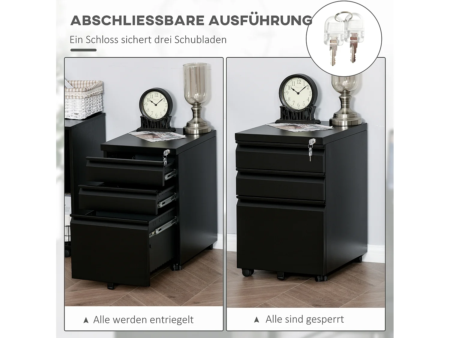 Porte-Bureau avec 3 Schubladen et Rädern, en Acier, Noir pour Bureau et Bureau à Domicile