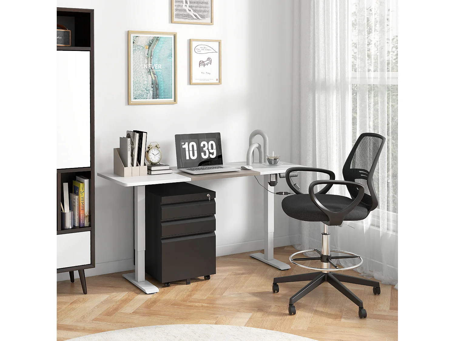 Porte-Bureau avec 3 Schubladen et Rädern, en Acier, Noir pour Bureau et Bureau à Domicile