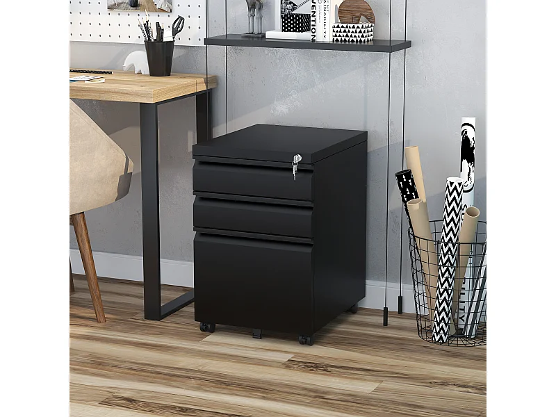Mobiletto da scrivania con 3 cartelle sospese e ruote, acciaio nero, per ufficio e home office