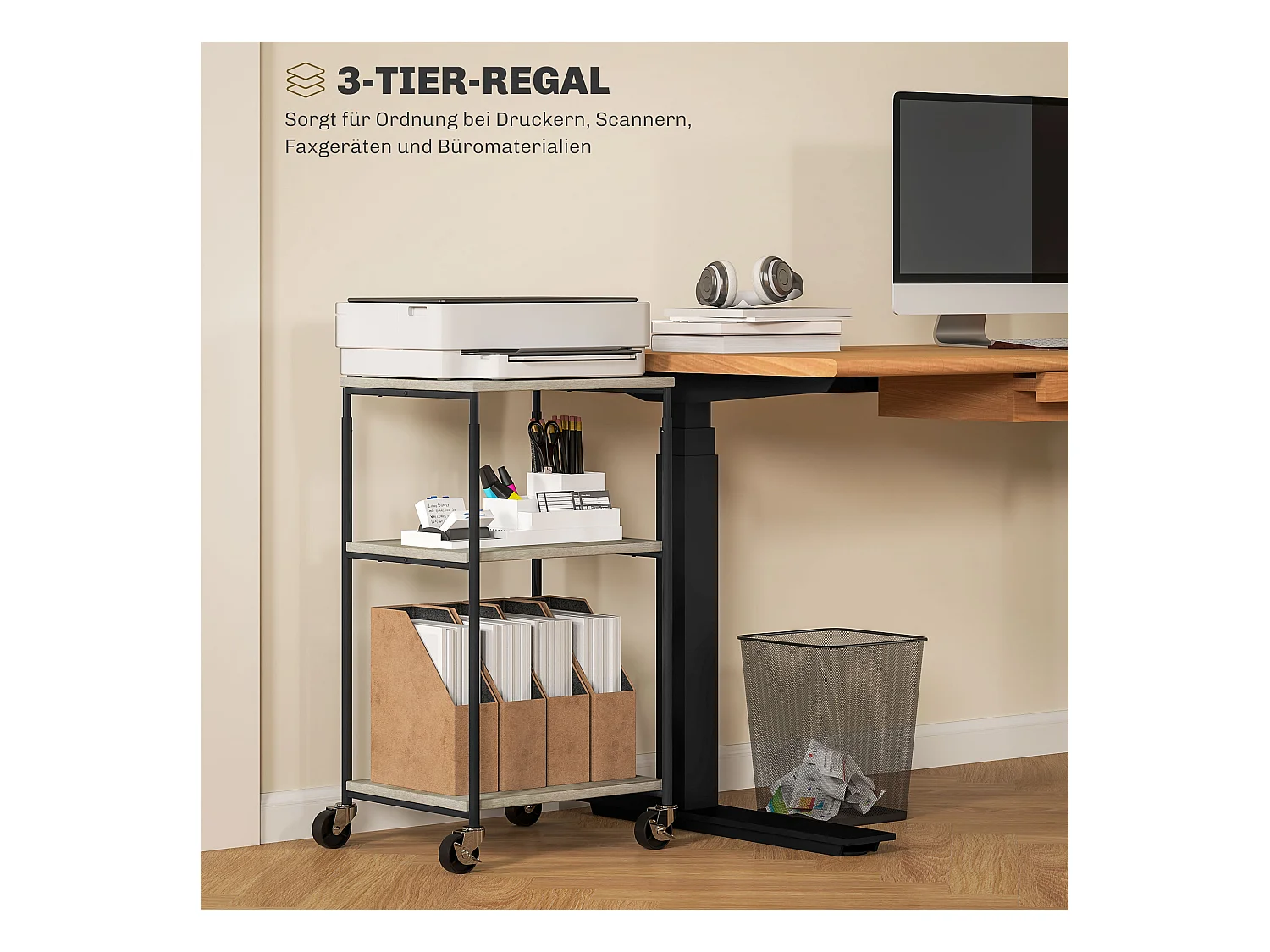 Druckertisch mit Rolle, Druckerständer mit 3-Ebene, Druckerhalter