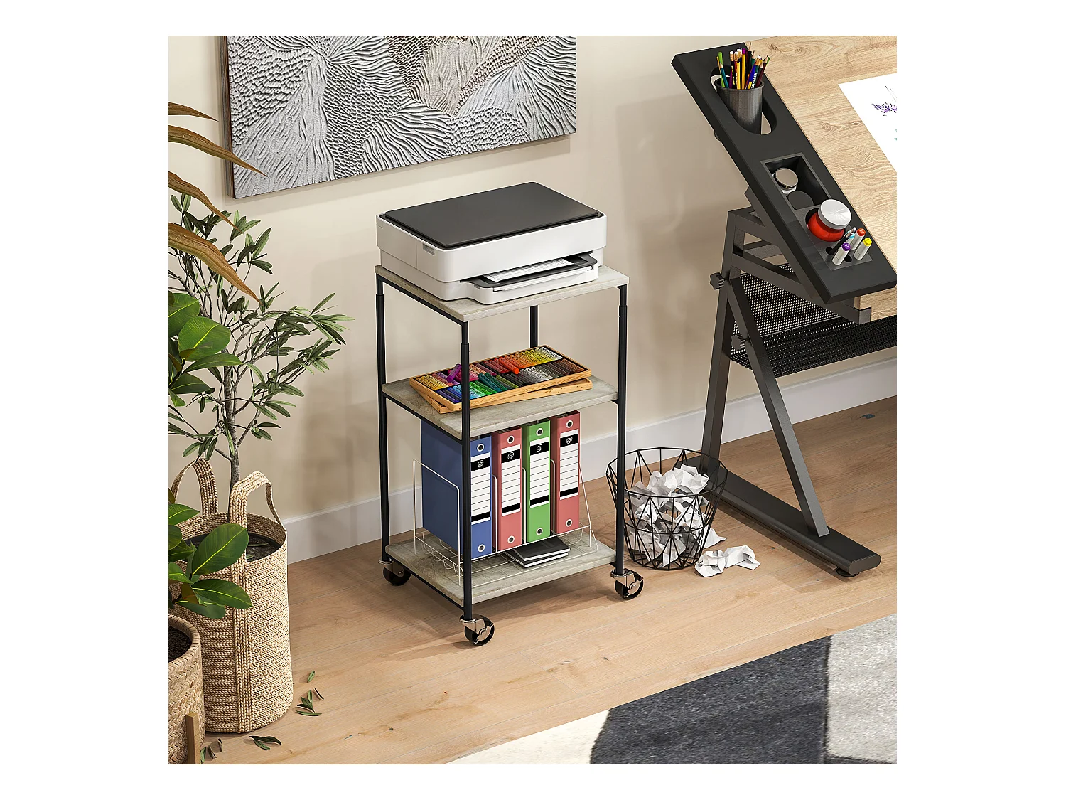 Druckertisch mit Rolle, Druckerständer mit 3-Ebene, Druckerhalter