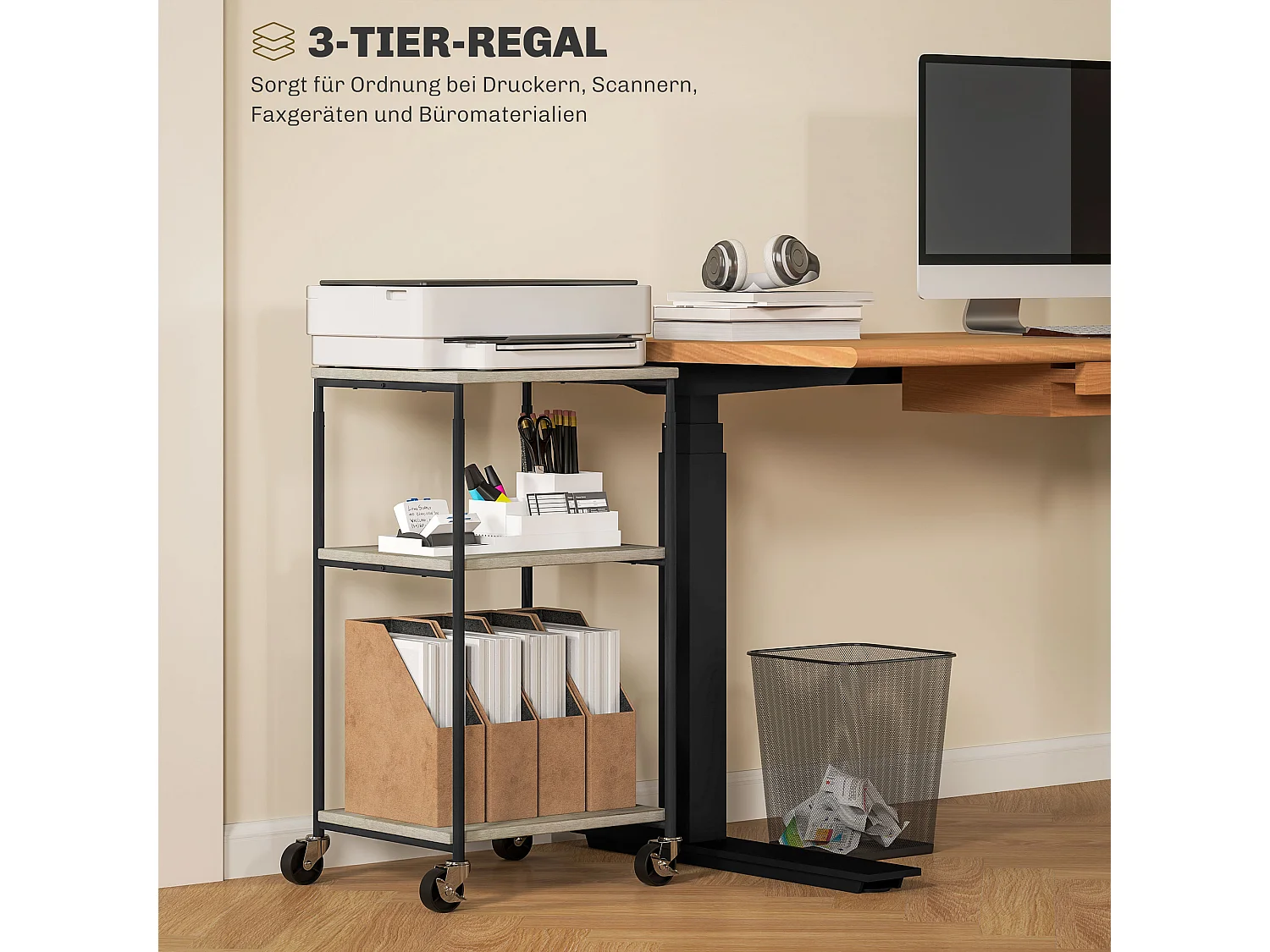 Druckertisch mit Rolle, Druckerständer mit 3-Ebene, Druckerhalter