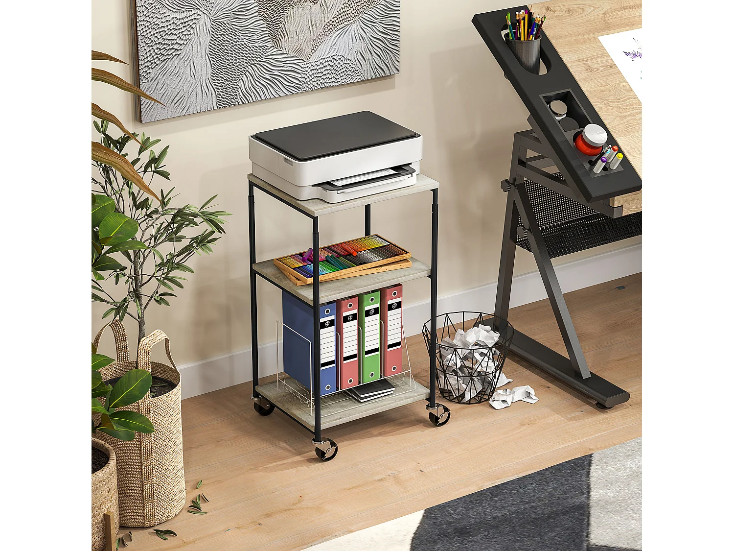 Druckertisch mit Rolle, Druckerständer mit 3-Ebene, Druckerhalter