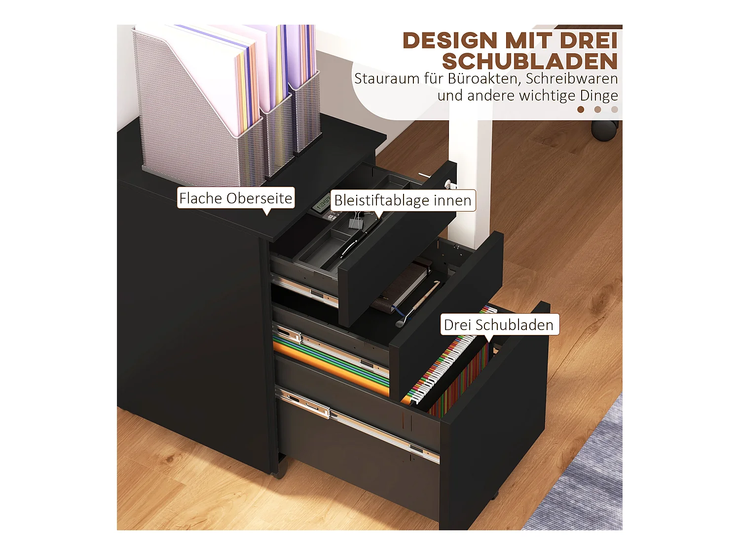 Abschließbarer Aktenschrank mit Schubladen, Rollen mit Feststellbremse