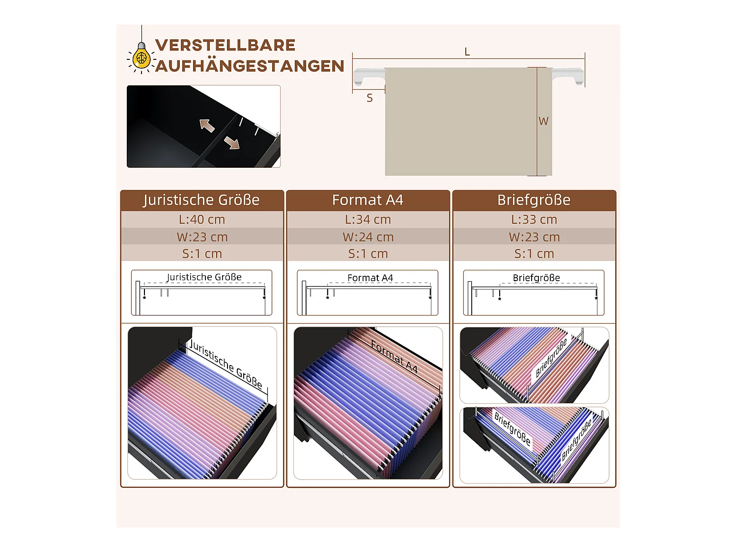 Abschließbarer Aktenschrank mit Schubladen, Rollen mit Feststellbremse