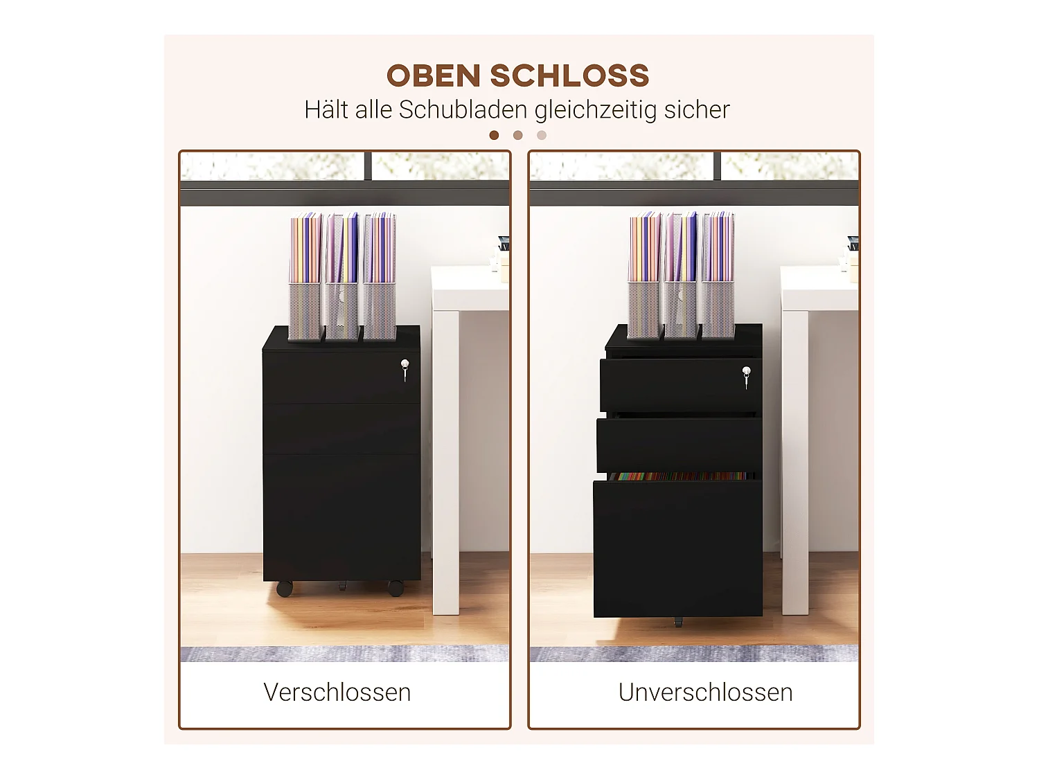 Abschließbarer Aktenschrank mit Schubladen, Rollen mit Feststellbremse