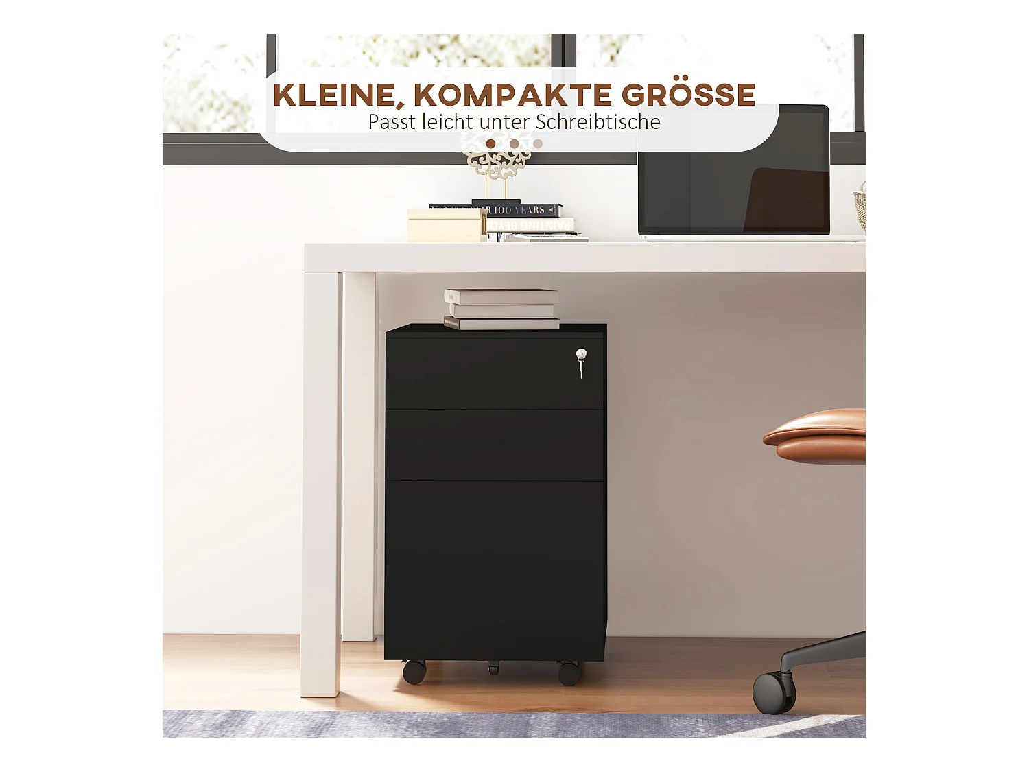 Abschließbarer Aktenschrank mit Schubladen, Rollen mit Feststellbremse