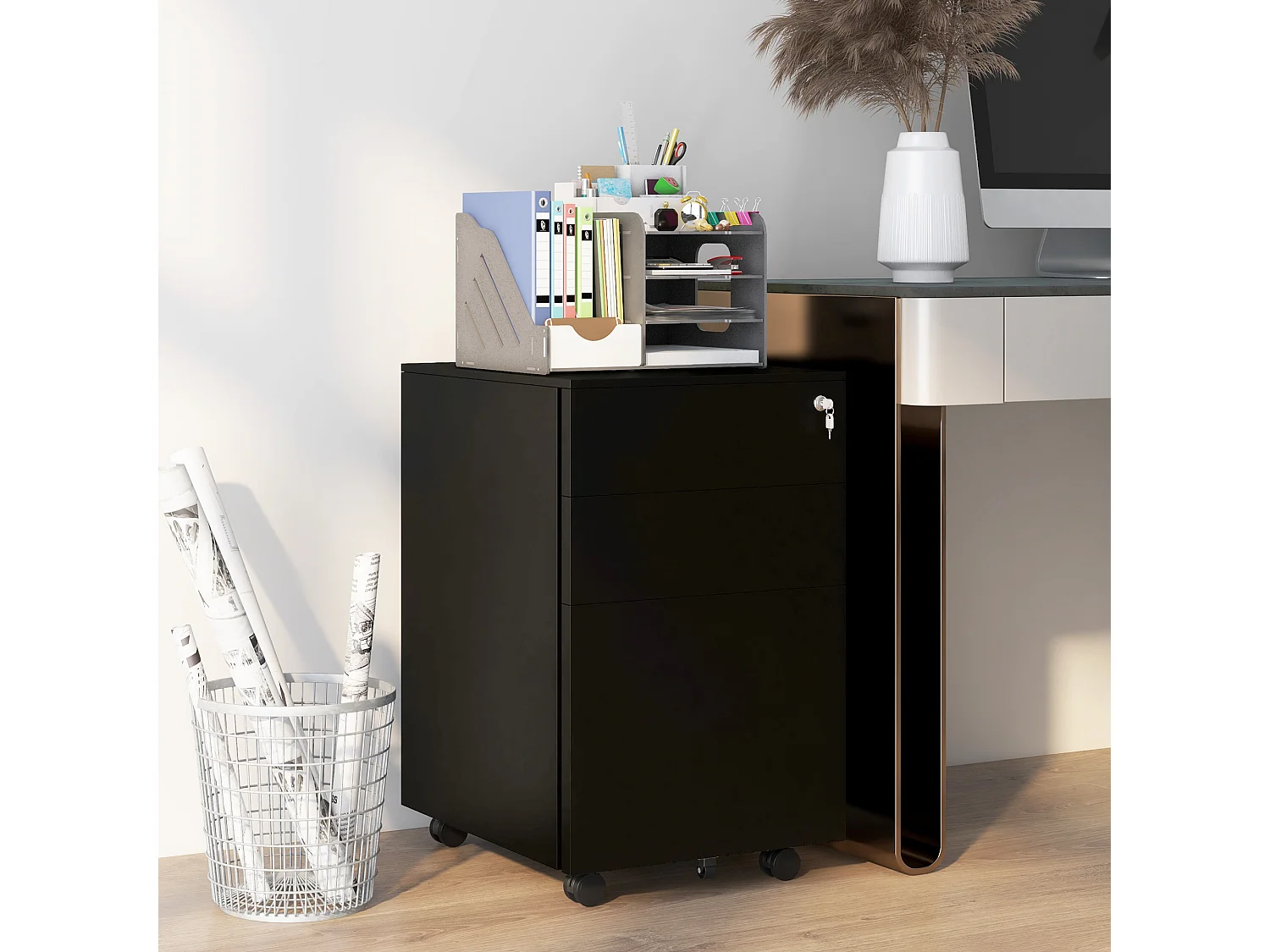 Afsluitbare archiefkast met laden en wielen met rem