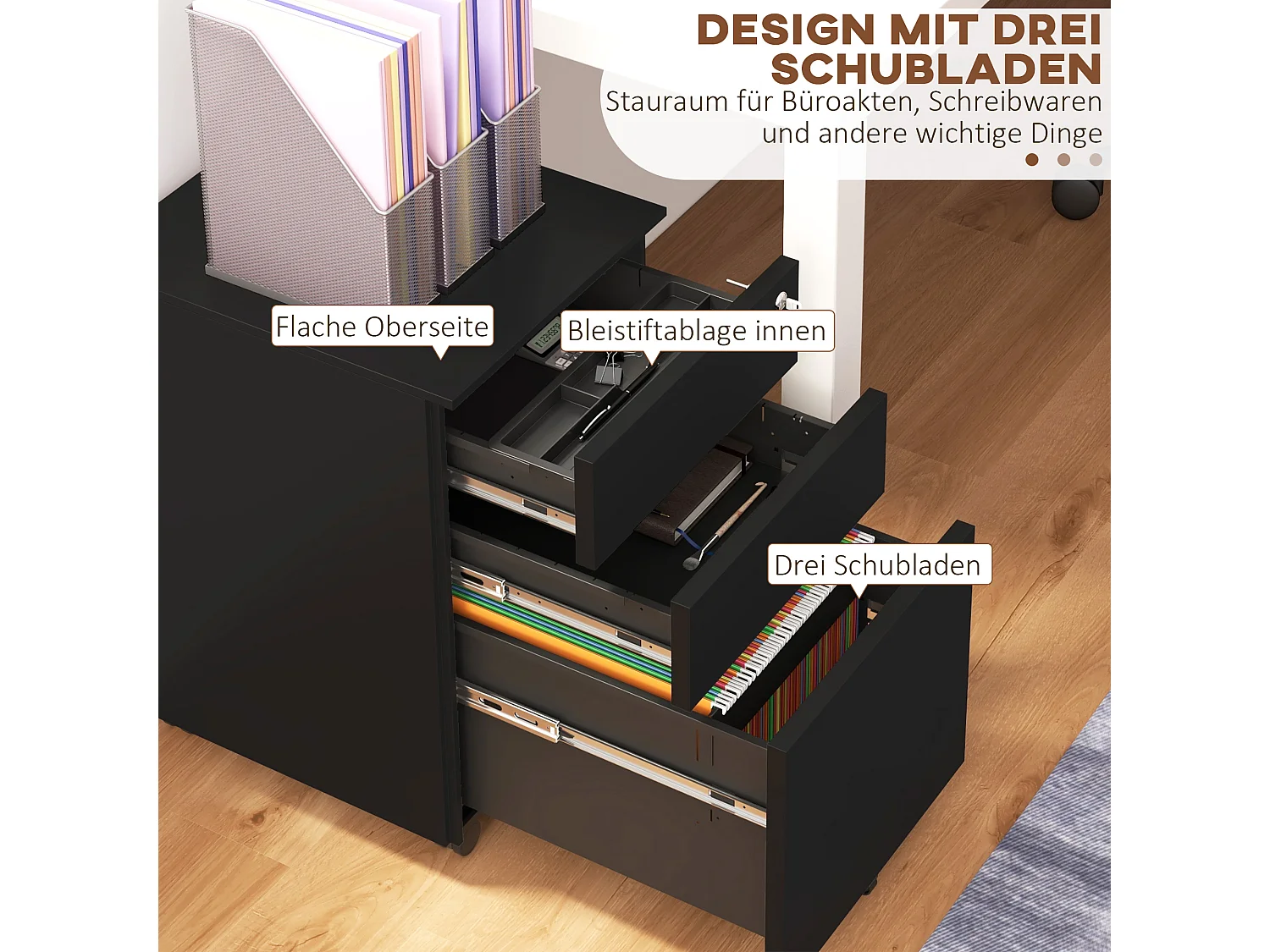 Afsluitbare archiefkast met laden en wielen met rem