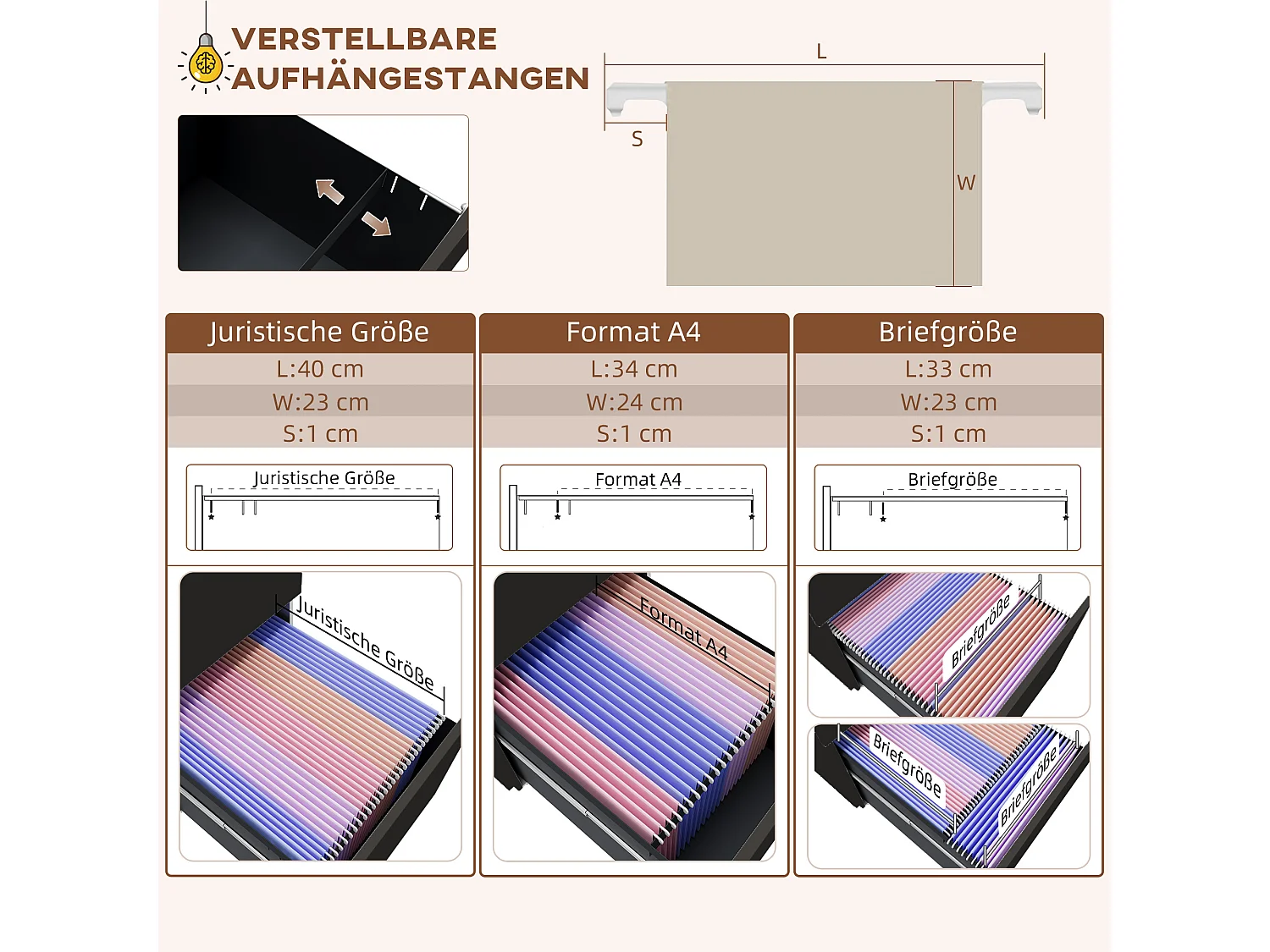Afsluitbare archiefkast met laden en wielen met rem