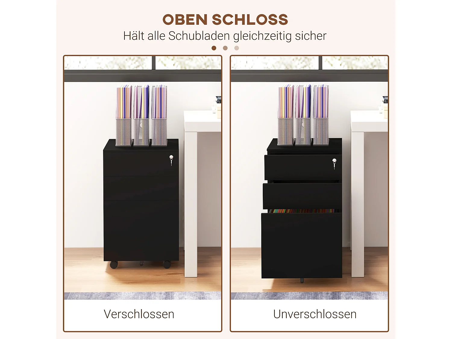 Afsluitbare archiefkast met laden en wielen met rem