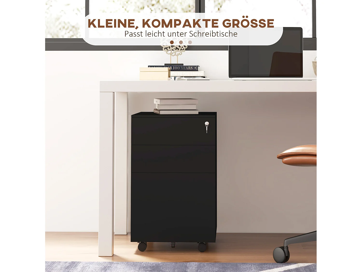 Afsluitbare archiefkast met laden en wielen met rem