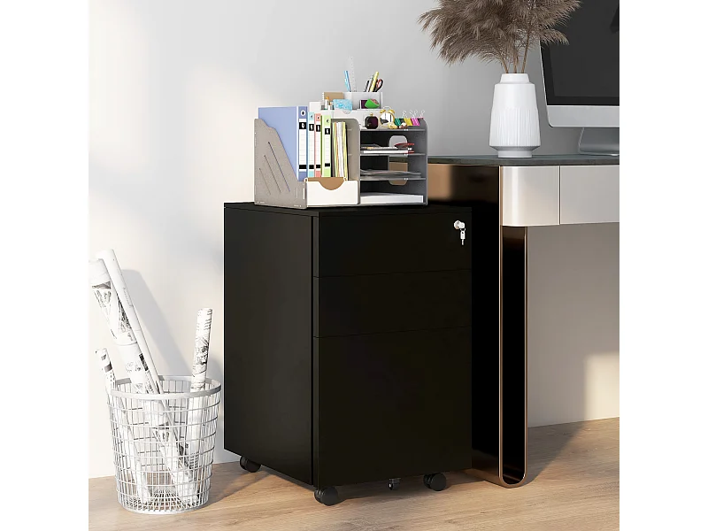 Afsluitbare archiefkast met laden en wielen met rem