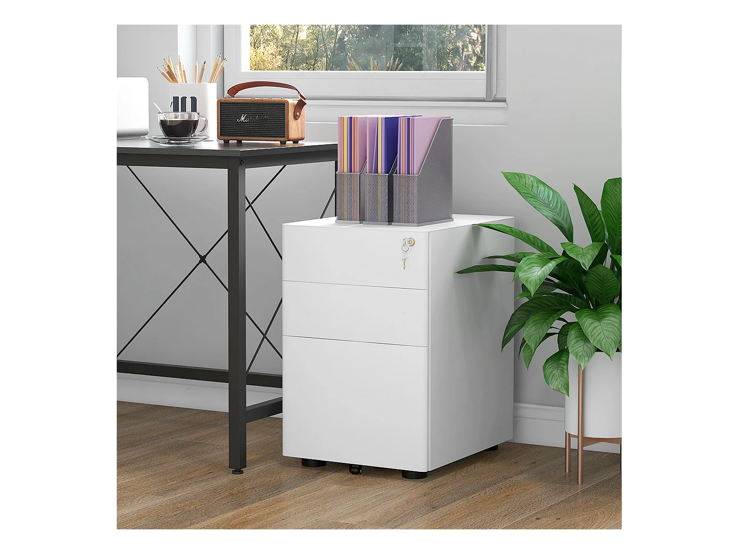 Vinsetto Mobiler Aktenschrank mit 3 Schubladen, weißer Stahl, 39 x 48 x 59 cm