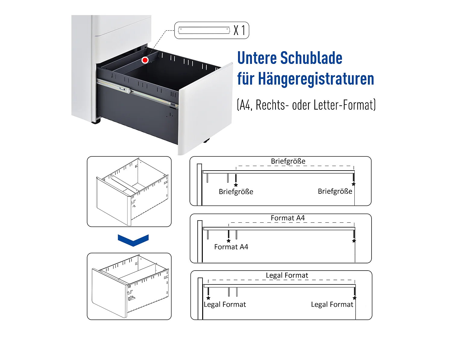 Vinsetto Mobiler Aktenschrank mit 3 Schubladen, weißer Stahl, 39 x 48 x 59 cm