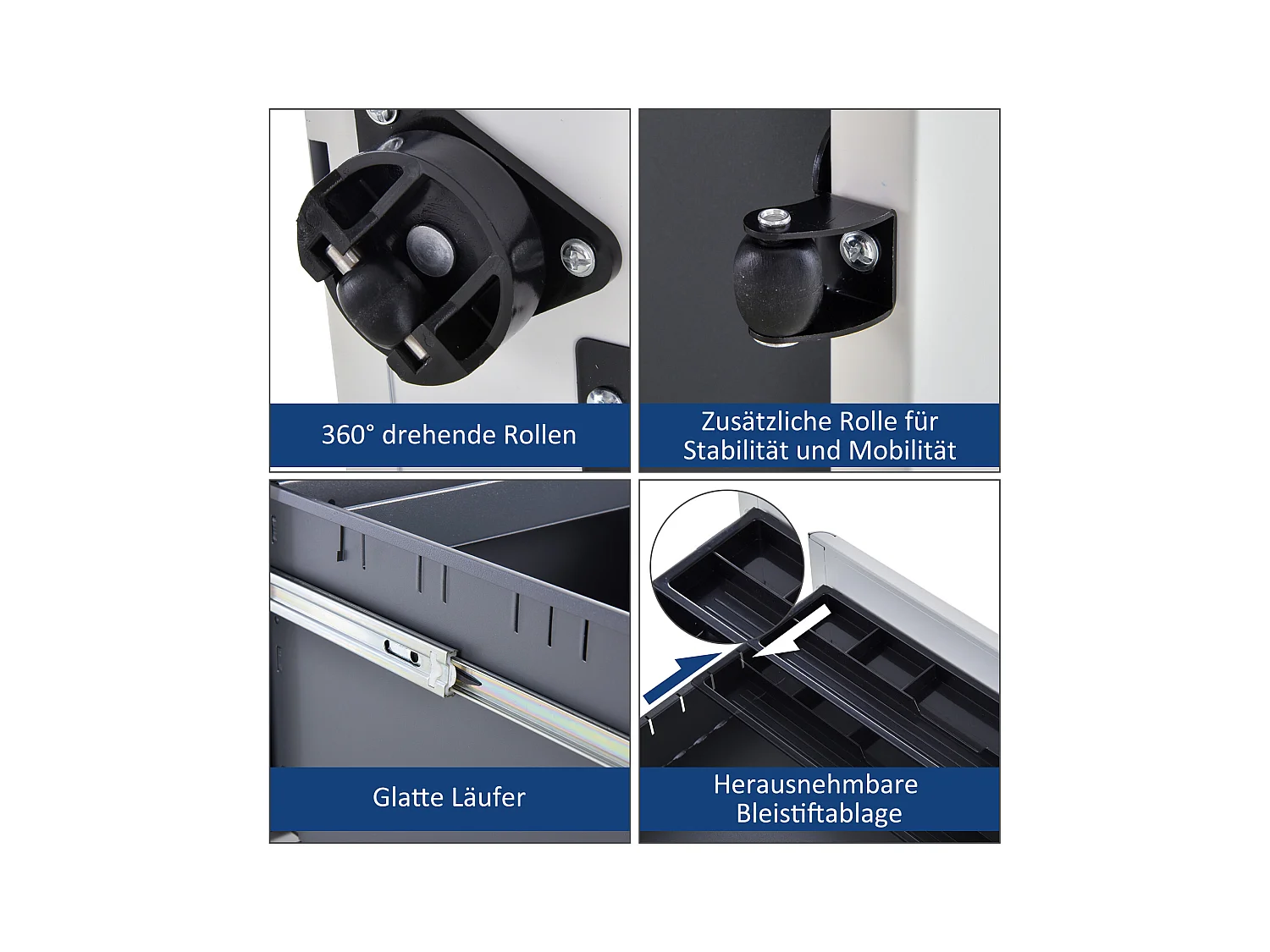 Vinsetto Mobiler Aktenschrank mit 3 Schubladen, weißer Stahl, 39 x 48 x 59 cm