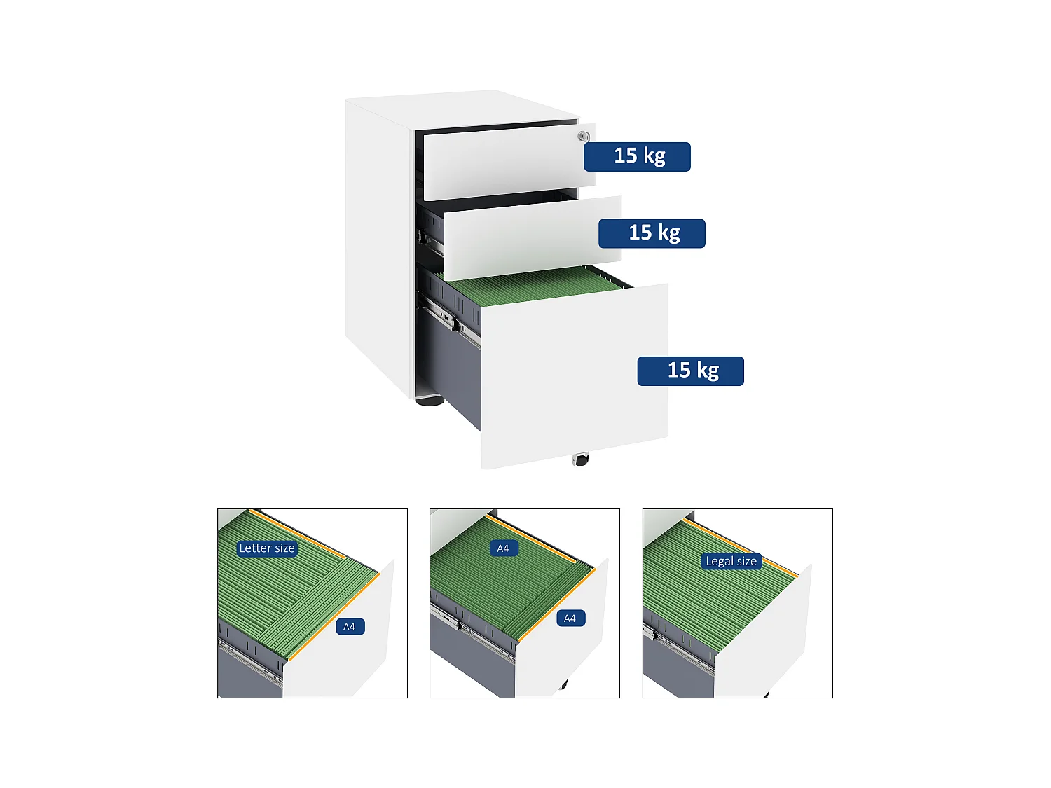 Vinsetto Mobiler Aktenschrank mit 3 Schubladen, weißer Stahl, 39 x 48 x 59 cm