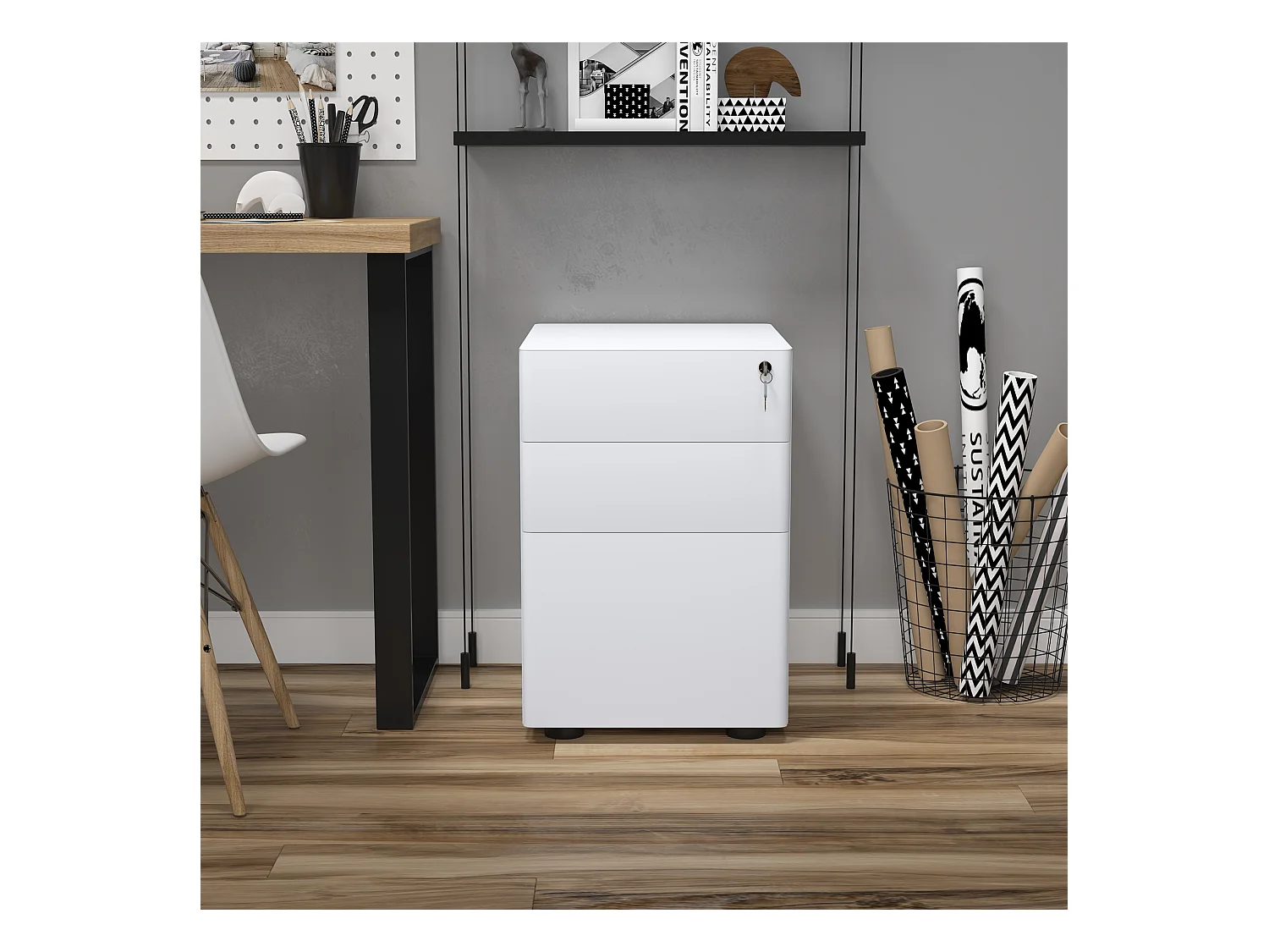 Vinsetto Mobiler Aktenschrank mit 3 Schubladen, weißer Stahl, 39 x 48 x 59 cm