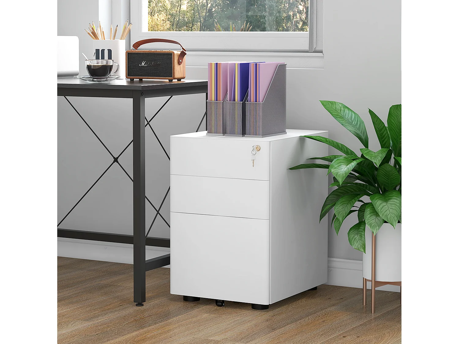 Vinsetto Mobiler Aktenschrank mit 3 Schubladen, weißer Stahl, 39 x 48 x 59 cm