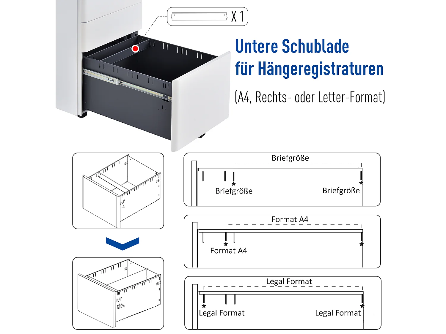 Vinsetto Mobiler Aktenschrank mit 3 Schubladen, weißer Stahl, 39 x 48 x 59 cm
