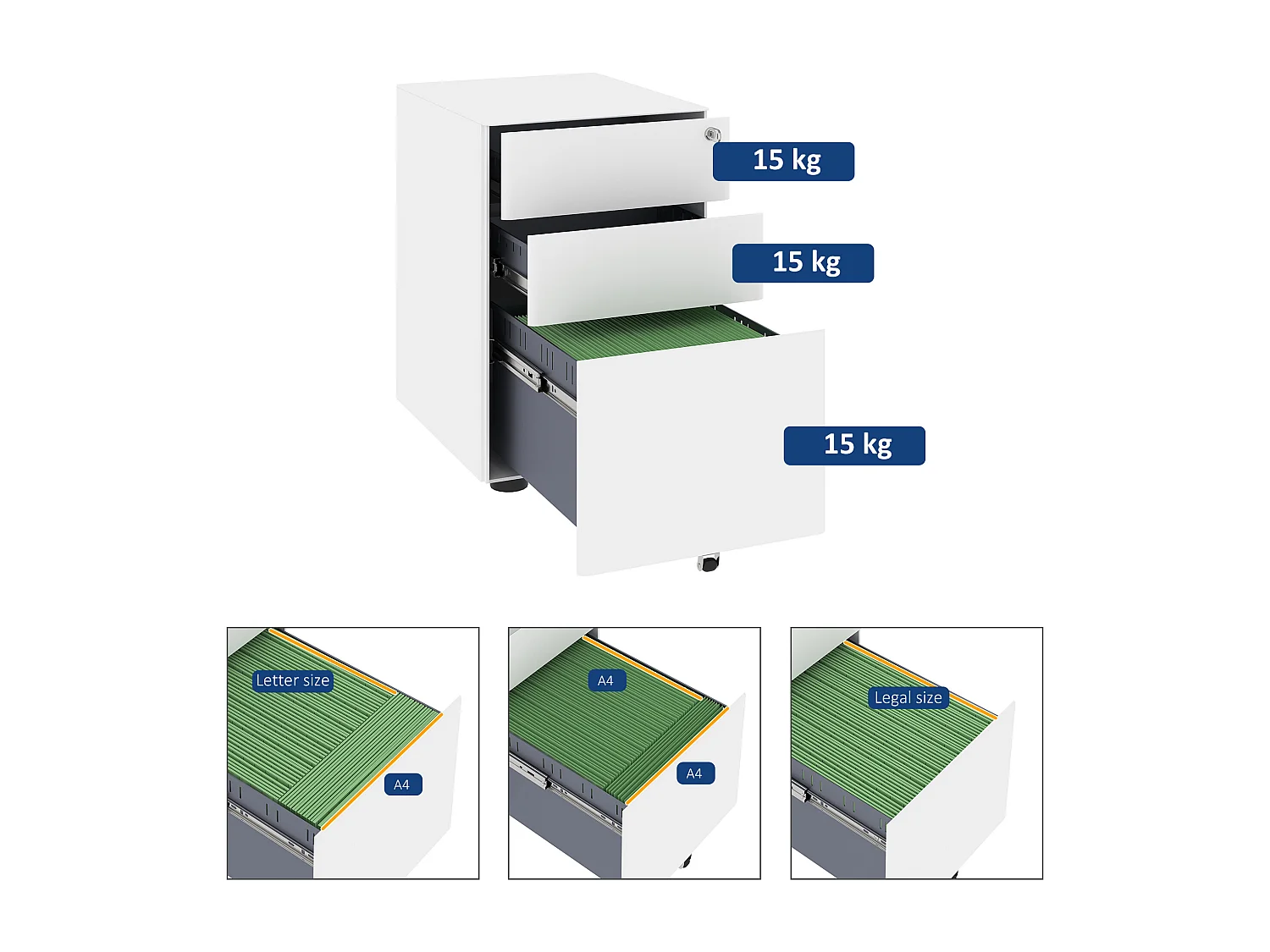 Vinsetto Mobiler Aktenschrank mit 3 Schubladen, weißer Stahl, 39 x 48 x 59 cm