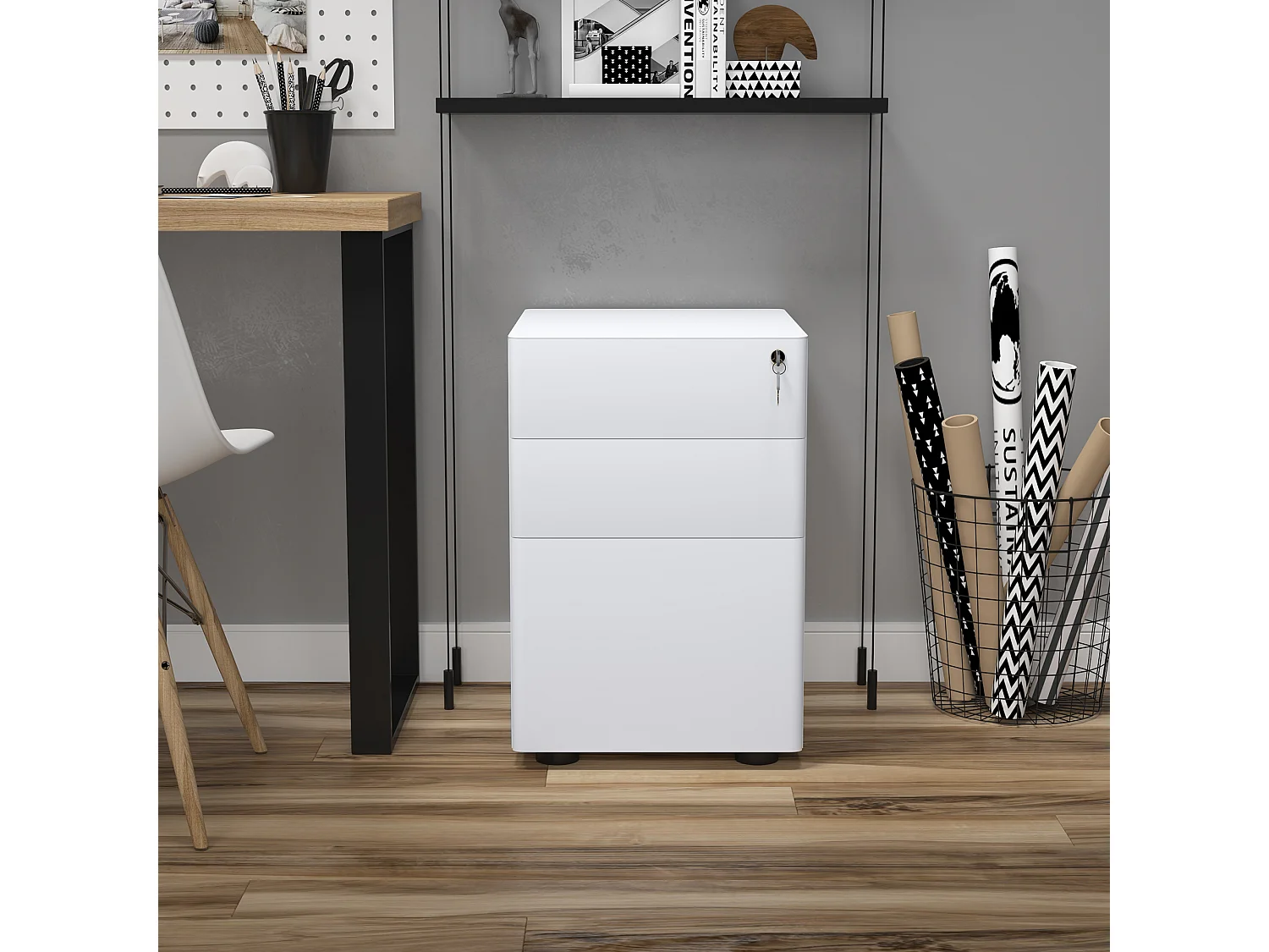 Vinsetto Mobiler Aktenschrank mit 3 Schubladen, weißer Stahl, 39 x 48 x 59 cm