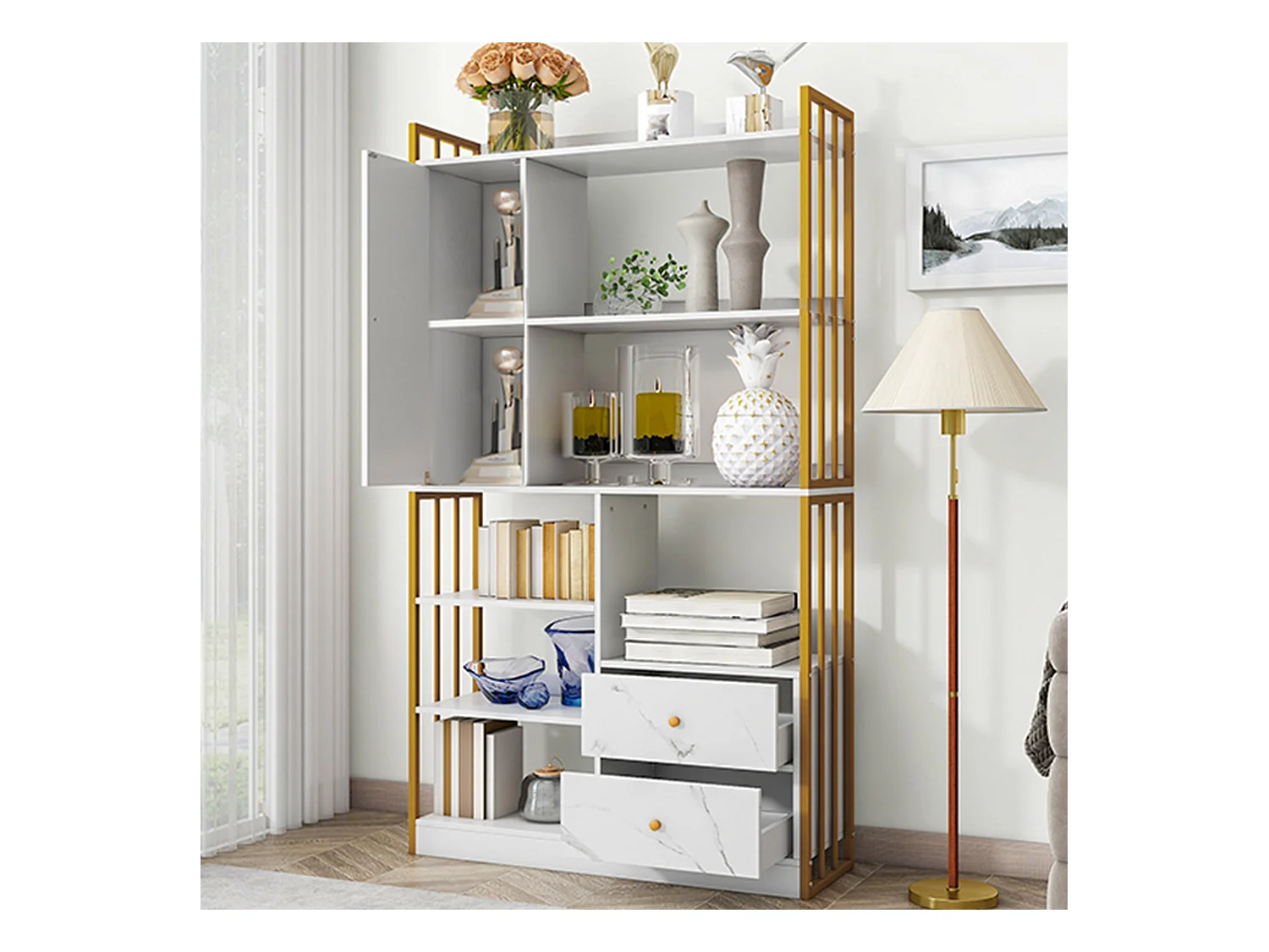 Boekenkast met 6 planken, verticale planken met deuren en lades, stalen planken