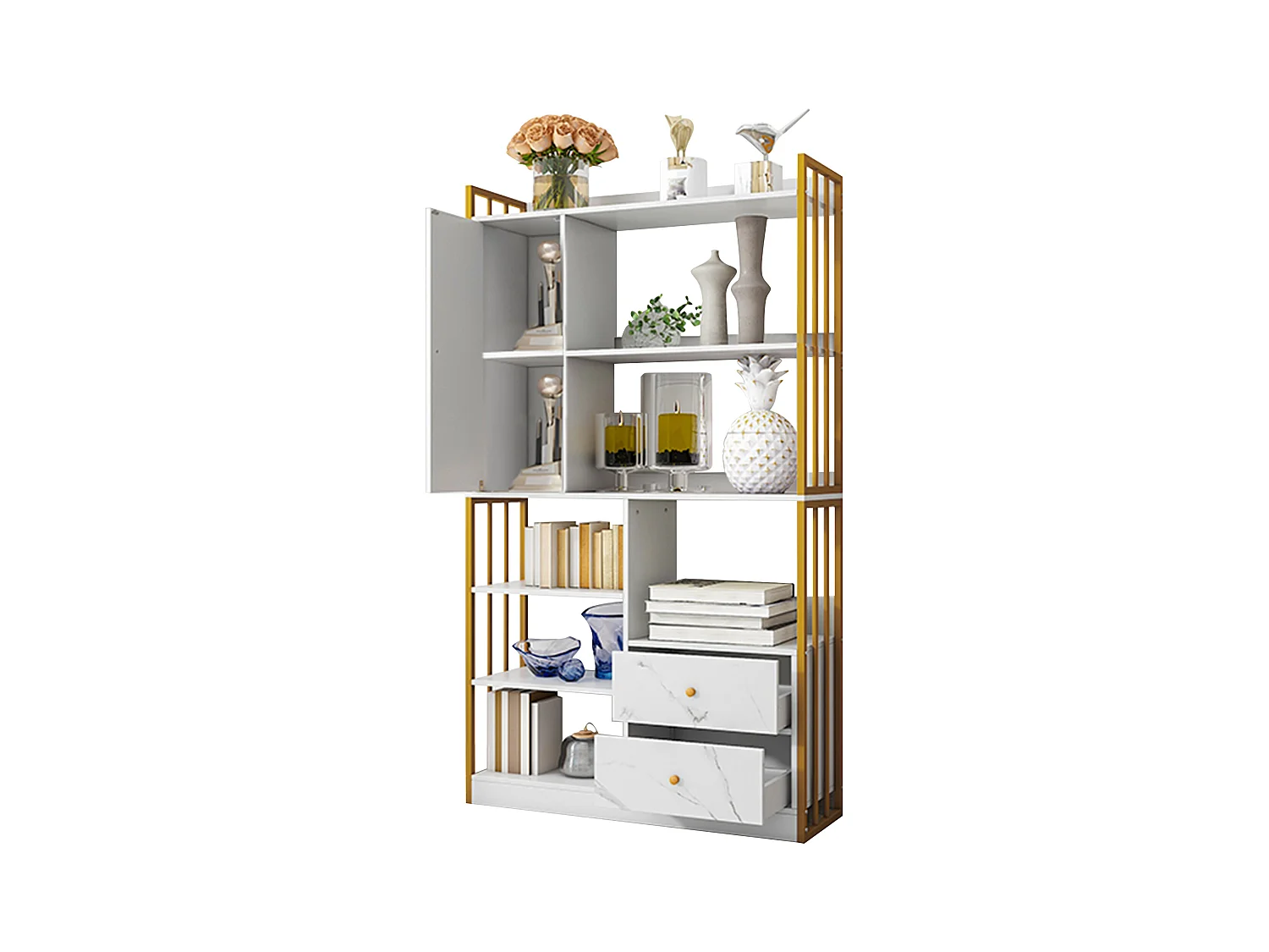 Boekenkast met 6 planken, verticale planken met deuren en lades, stalen planken