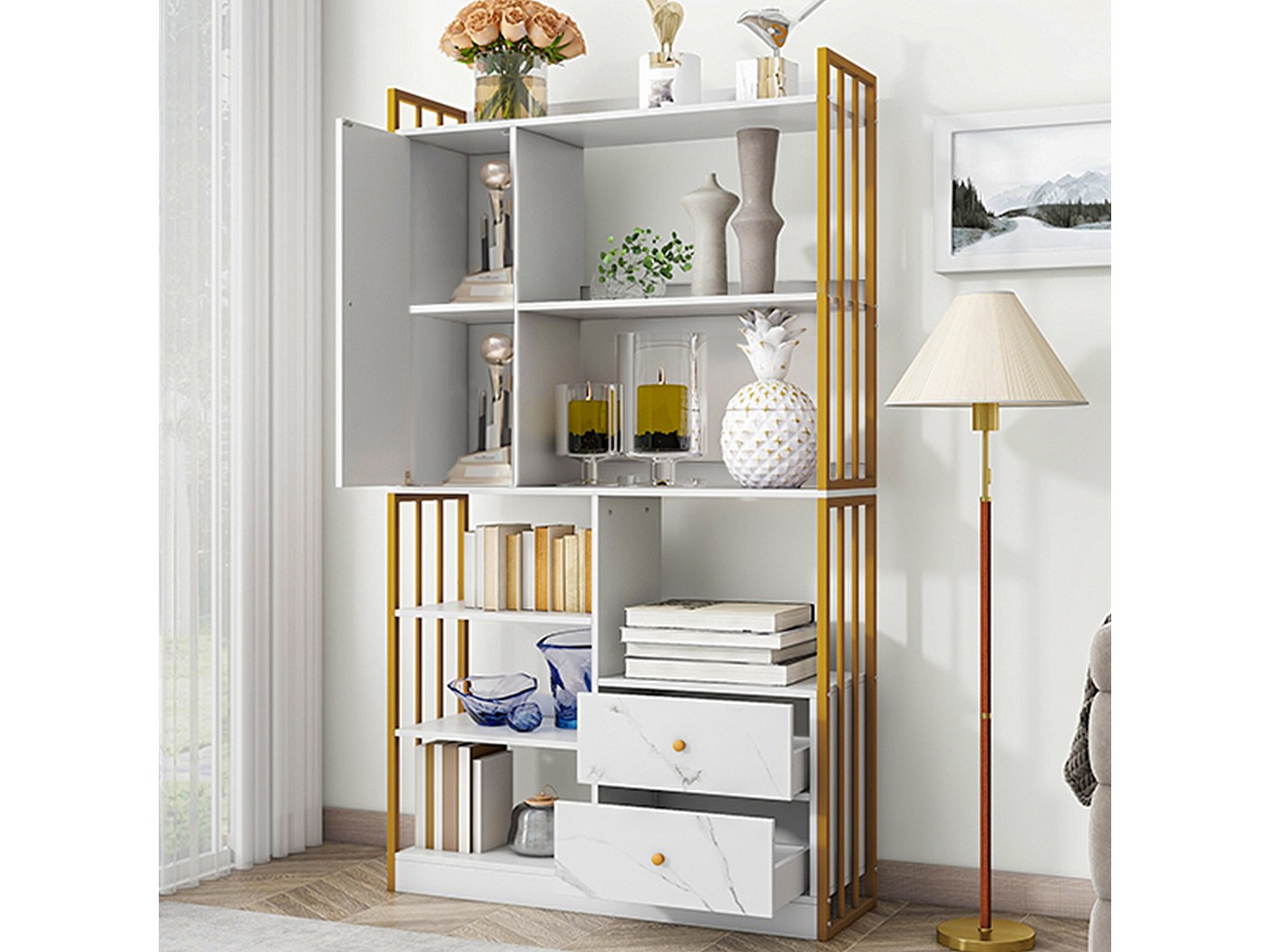 Lexiou Libreria Industriale 6 Ripiani Con Ante E Cassetti - Scaffale In Truciolato E Acciaio, Finitura Marmorizzata Bianco Con Telaio Oro - 100x30x173,5 Cm