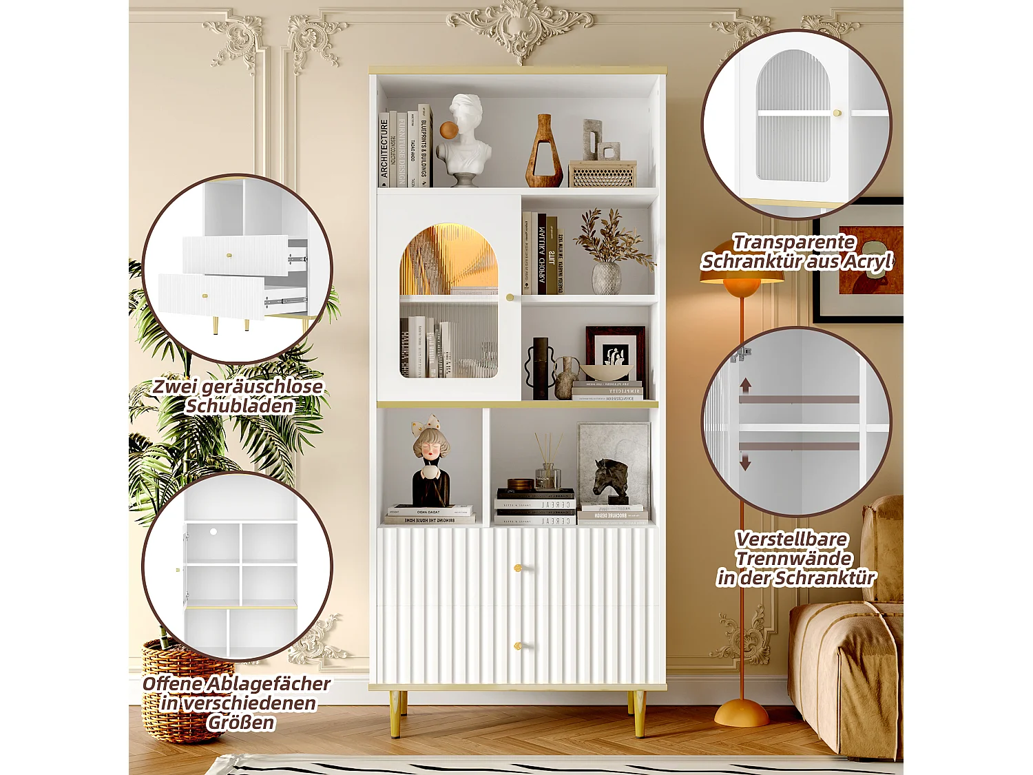 Bibliothèque multifonctionnelle 78 x 36 x 180 cm, rangement multicouche,porte transparente