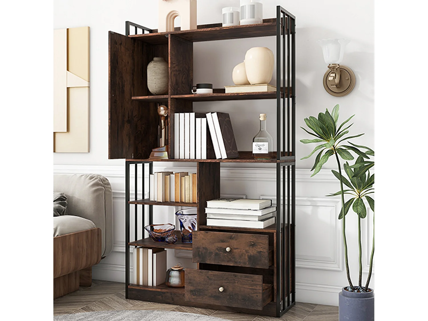 Boekenkast met 6 planken met deuren en lades, vloer-tot-plafond plank, industriële stijl