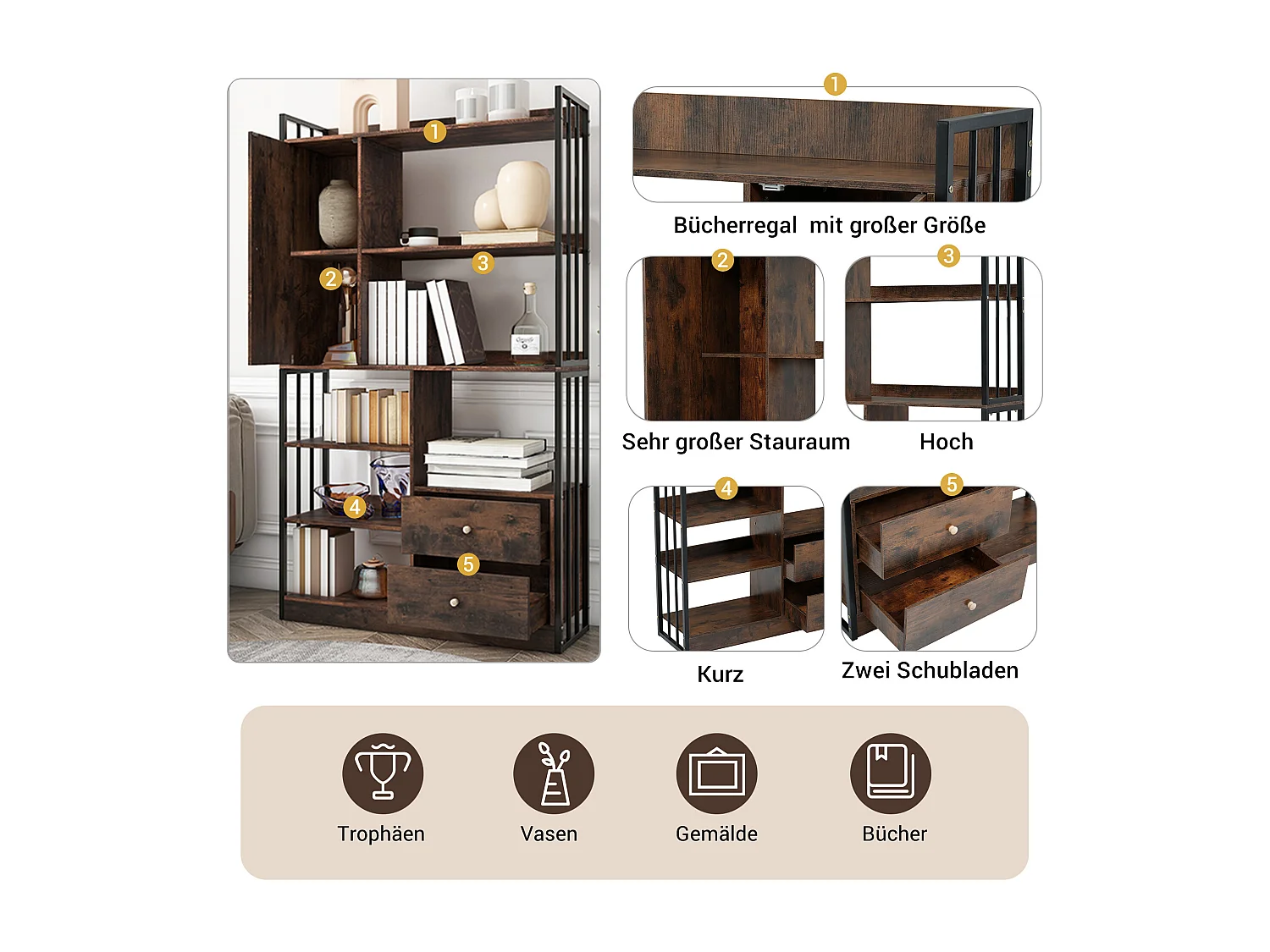 Boekenkast met 6 planken met deuren en lades, vloer-tot-plafond plank, industriële stijl