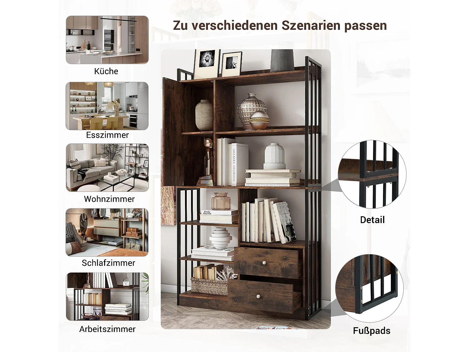 Boekenkast met 6 planken met deuren en lades, vloer-tot-plafond plank, industriële stijl