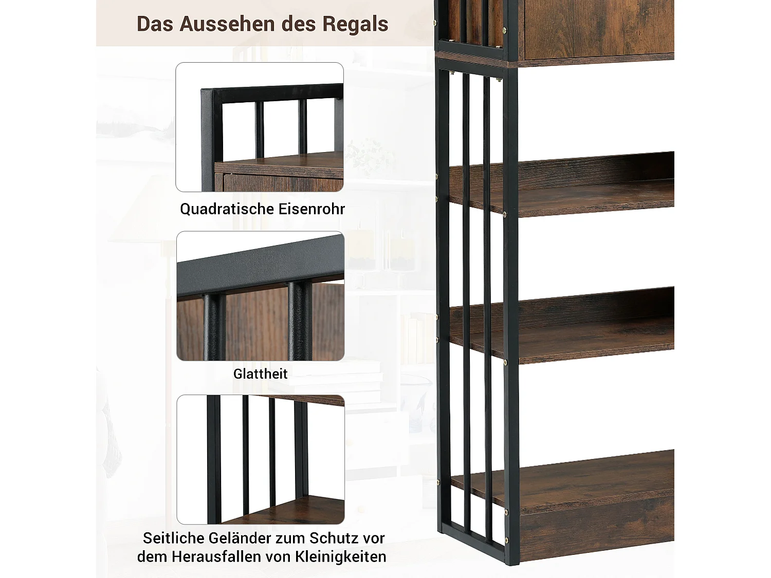 Boekenkast met 6 planken met deuren en lades, vloer-tot-plafond plank, industriële stijl