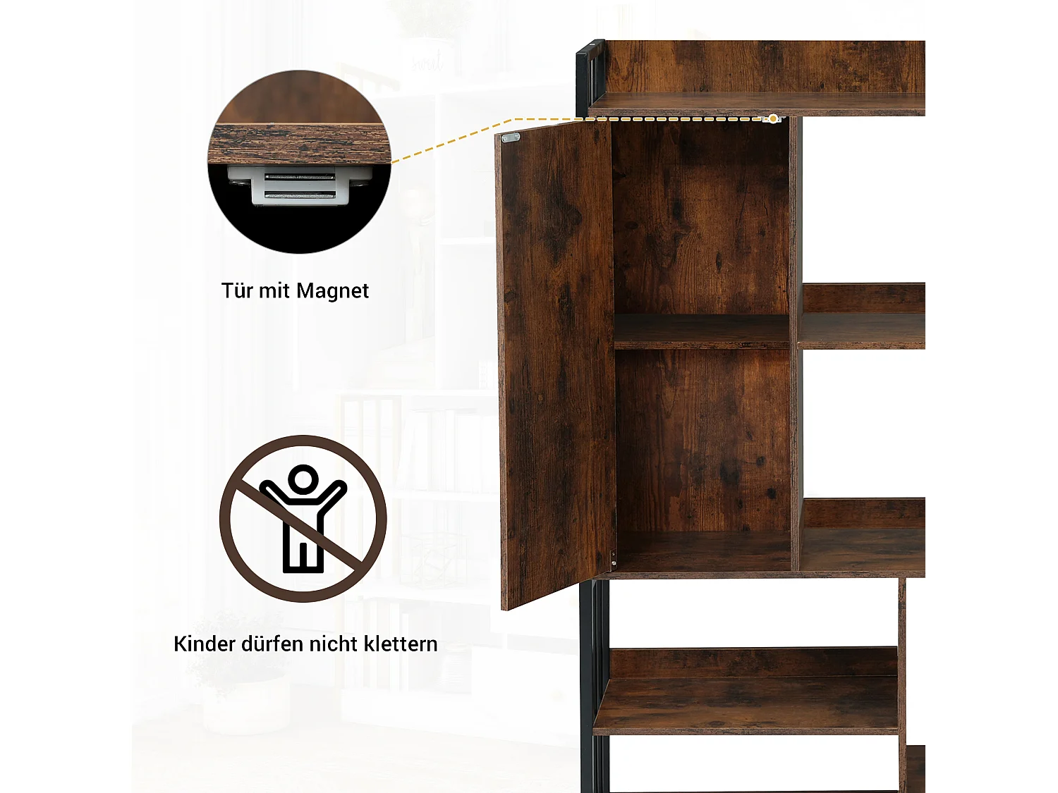 Boekenkast met 6 planken met deuren en lades, vloer-tot-plafond plank, industriële stijl