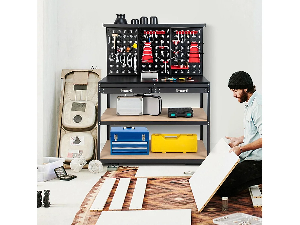 Établi Atelier Garage avec Étagères et Tiroirs Panneaux Perforés, Table de Travail Cadre en Métal, 121 x 61 x 156 cm