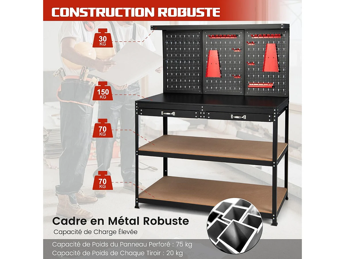 Établi Atelier Garage avec Étagères et Tiroirs Panneaux Perforés, Table de Travail Cadre en Métal, 121 x 61 x 156 cm