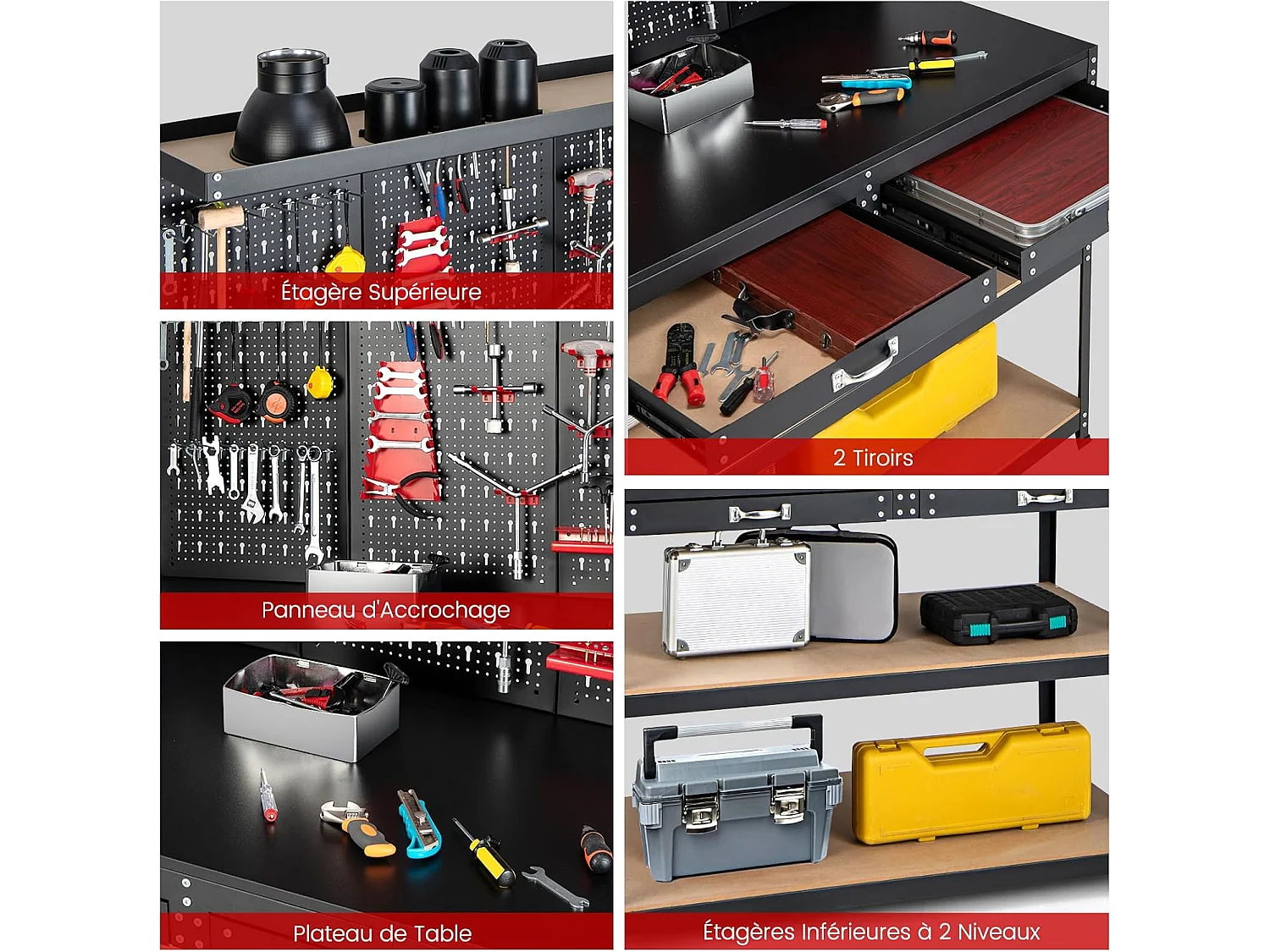 Établi Atelier Garage avec Étagères et Tiroirs Panneaux Perforés, Table de Travail Cadre en Métal, 121 x 61 x 156 cm
