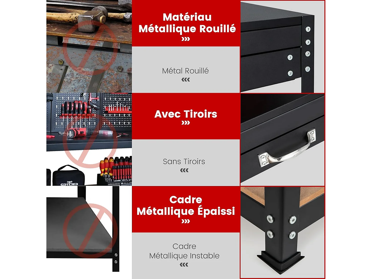 Établi Atelier Garage avec Étagères et Tiroirs Panneaux Perforés, Table de Travail Cadre en Métal, 121 x 61 x 156 cm