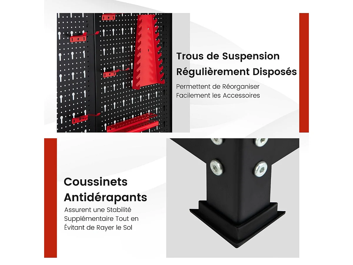 Établi Atelier Garage avec Étagères et Tiroirs Panneaux Perforés, Table de Travail Cadre en Métal, 121 x 61 x 156 cm